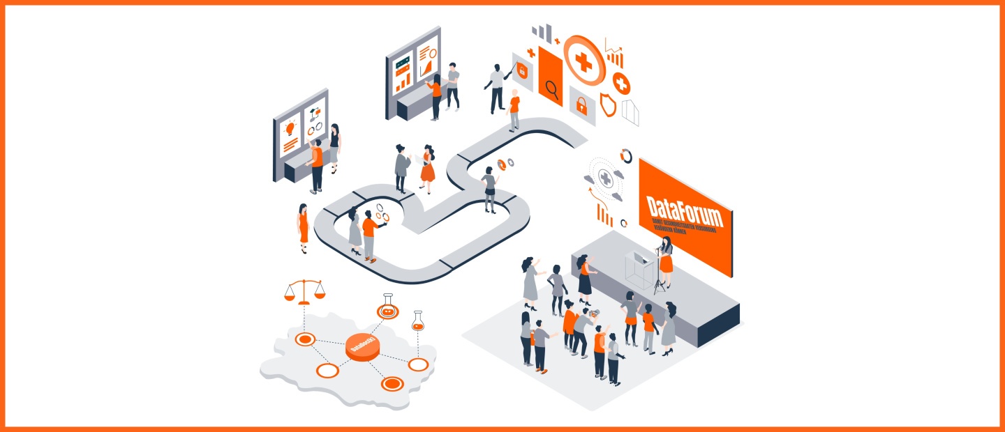 Das Bild zeigt eine isometrische Darstellung des DataForums mit einer Sprecherin auf der Bühne, Publikum, interaktiven Infotafeln und einer Karte mit dem DataDock-Netzwerk. Farben: Weiß, Grau, Orange.