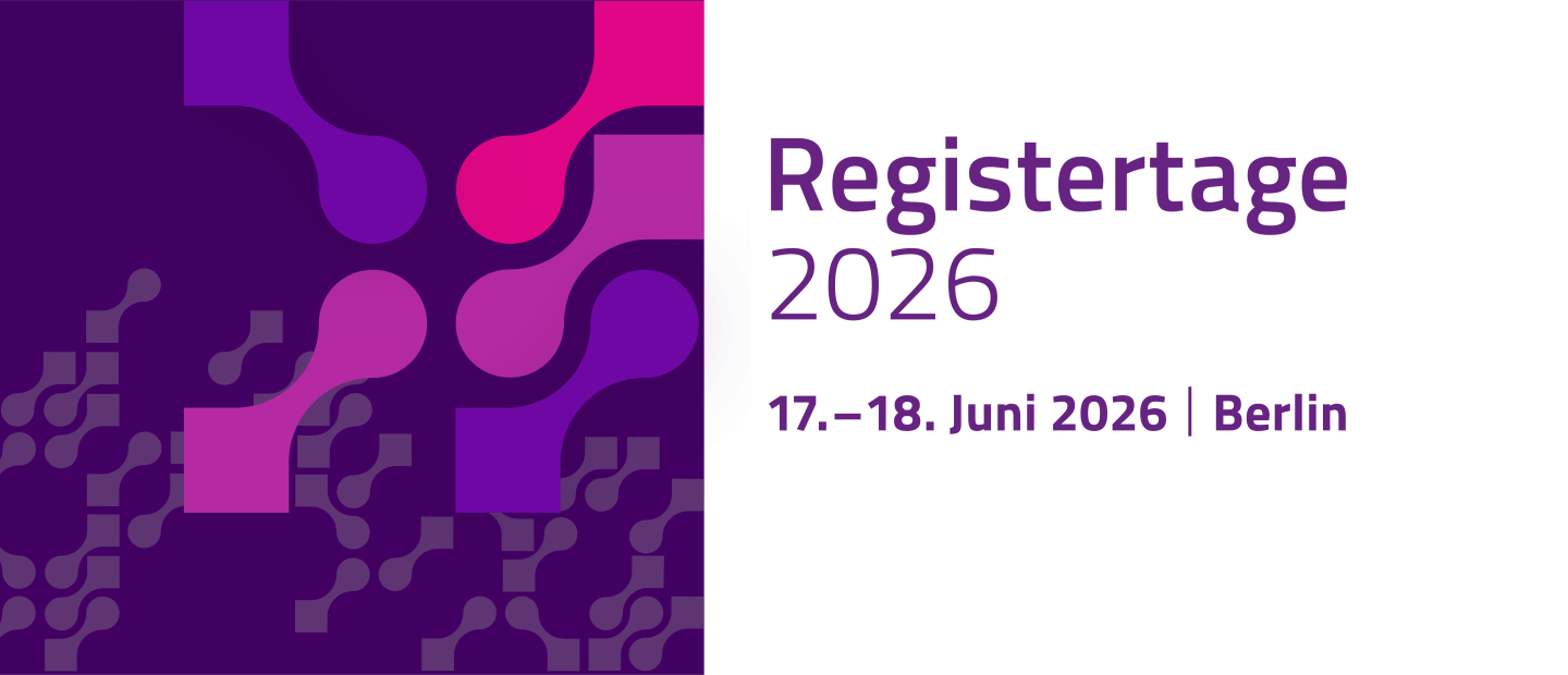 Registertage 2026 Grafisches Banner für die Veranstaltung ‚Registertage 2026‘. Rechts steht der Text ‚Registertage 2026 – 17.–18. Juni 2026 | Berlin‘ in violetter Schrift auf hellem Hintergrund. Links sind abstrakte, ineinanderfließende Formen in verschiedenen Violett- und Pinktönen zu sehen.
