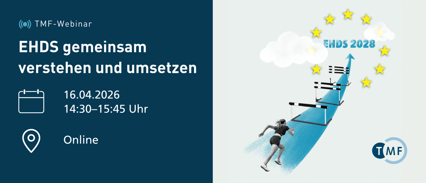Grafik zu einem TMF-Webinar mit dem Titel „EHDS gemeinsam verstehen und umsetzen“. Links stehen die Veranstaltungsdetails: 16.04.2026, 14:30–15:45 Uhr, online. Rechts ist eine stilisierte Darstellung einer laufenden Person auf einem aufsteigenden blauen Pfeil mit Hürden zu sehen, der in Richtung „EHDS 2028“ führt. Um das Ziel herum sind gelbe Sterne in Anlehnung an die EU-Flagge angeordnet. Unten rechts ist das TMF-Logo platziert.