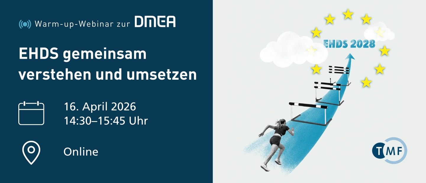 Grafik zu einem TMF-Webinar mit dem Titel „EHDS gemeinsam verstehen und umsetzen“. Links stehen die Veranstaltungsdetails: 16.04.2026, 14:30–15:45 Uhr, online. Rechts ist eine stilisierte Darstellung einer laufenden Person auf einem aufsteigenden blauen Pfeil mit Hürden zu sehen, der in Richtung „EHDS 2028“ führt. Um das Ziel herum sind gelbe Sterne in Anlehnung an die EU-Flagge angeordnet. Unten rechts ist das TMF-Logo platziert.