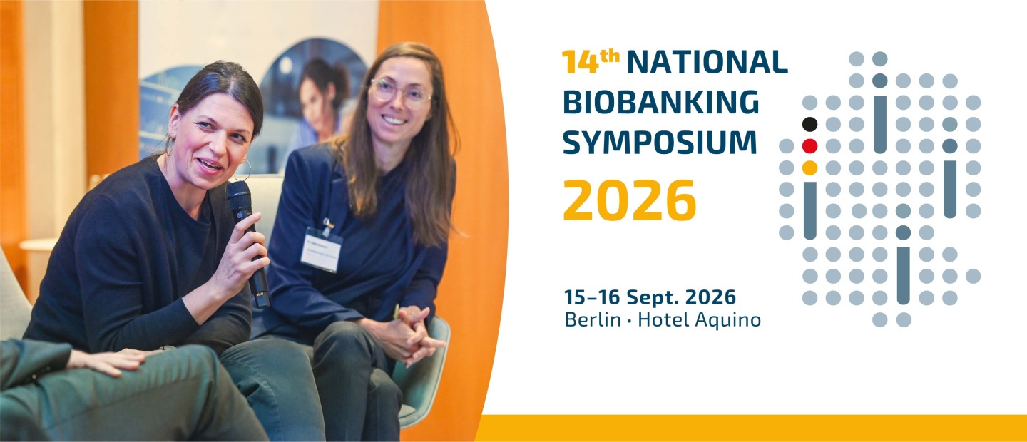 Banner for the 14th National Biobanking Symposium 2026. On the left, two people are seated on a panel discussion stage, with one person speaking into a handheld microphone. On the right, the event information, "14th National Biobanking Symposium 2026," "15-16 September 2026," and "Berlin · Hotel Aquino," is displayed alongside a stylized map of Germany composed of gray dots and colored accents.