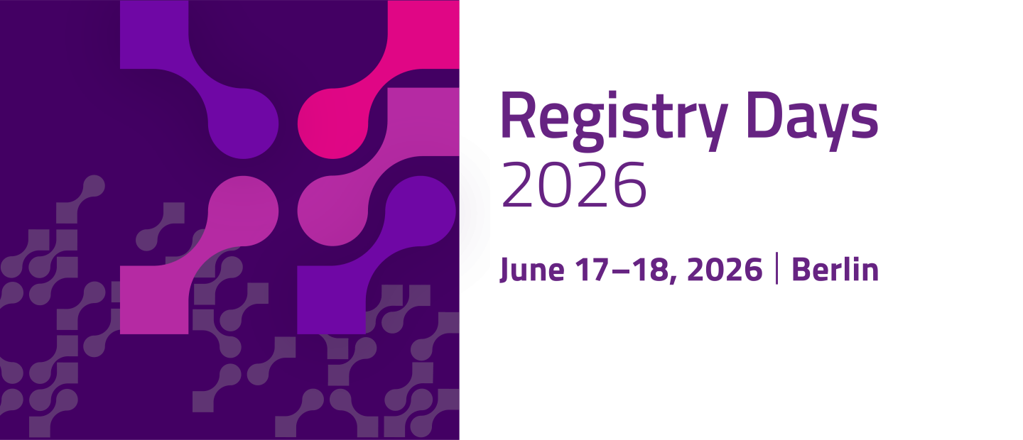 Graphic banner for the event “Registry Days 2026.” On the right, the text reads “Registry Days 2026 – June 17–18, 2026 | Berlin” in purple on a light background. On the left, abstract interlocking shapes in shades of purple and pink form a dynamic pattern on a dark purple background.