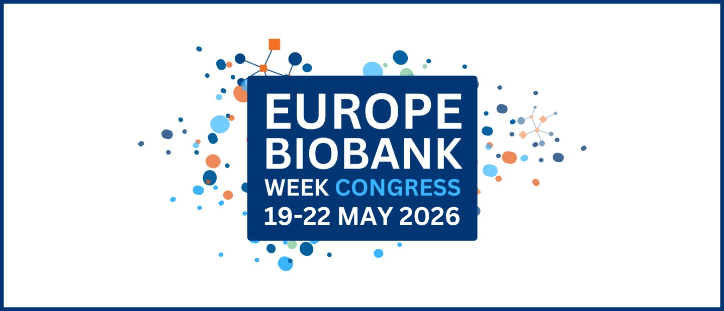 Grafik zum „Europe Biobank Week Congress“ mit blauem Rechteck in der Mitte und weißer Schrift: „EUROPE BIOBANK WEEK CONGRESS, 19–22 MAY 2026“. Umgeben von abstrakten, bunten Kreisen und vernetzten Punkten auf hellem Hintergrund.