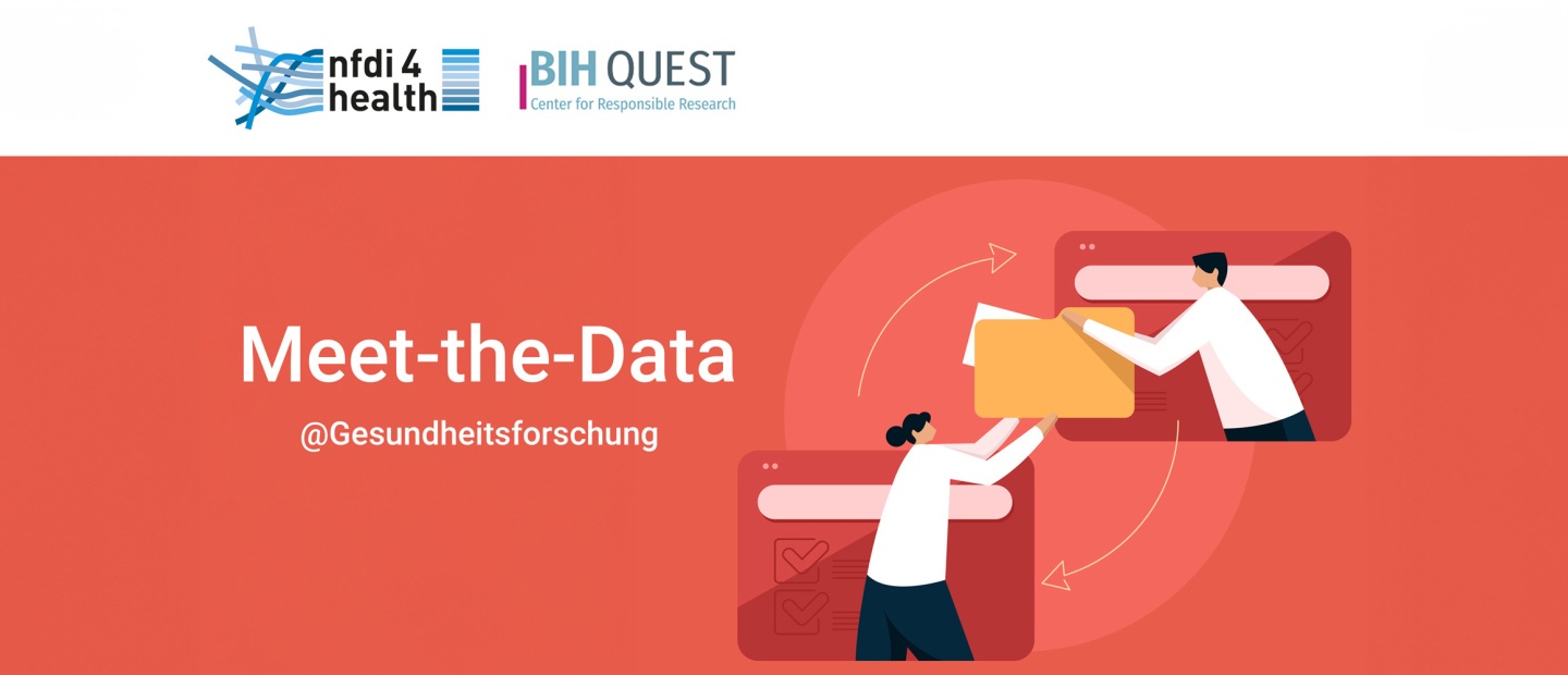 Meet-the-Data @Gesundheitsforschung Ein Banner zur Webinar-Reihe "Meet-the-Data". Rechts ist eine Illustration mit zwei Personen, die sich einen Ordner reichen.