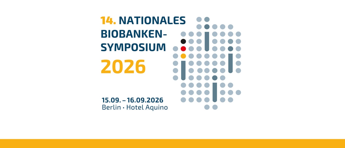 Banner zum 14. Nationalen Biobanken-Symposium 2026. Text: „14. Nationales Biobanken-Symposium 2026“. Termin: 15.–16.09.2026. Ort: Berlin, Hotel Aquino. Rechts daneben ein stilisiertes Logo aus grauen Punkten und farbigen Akzenten.