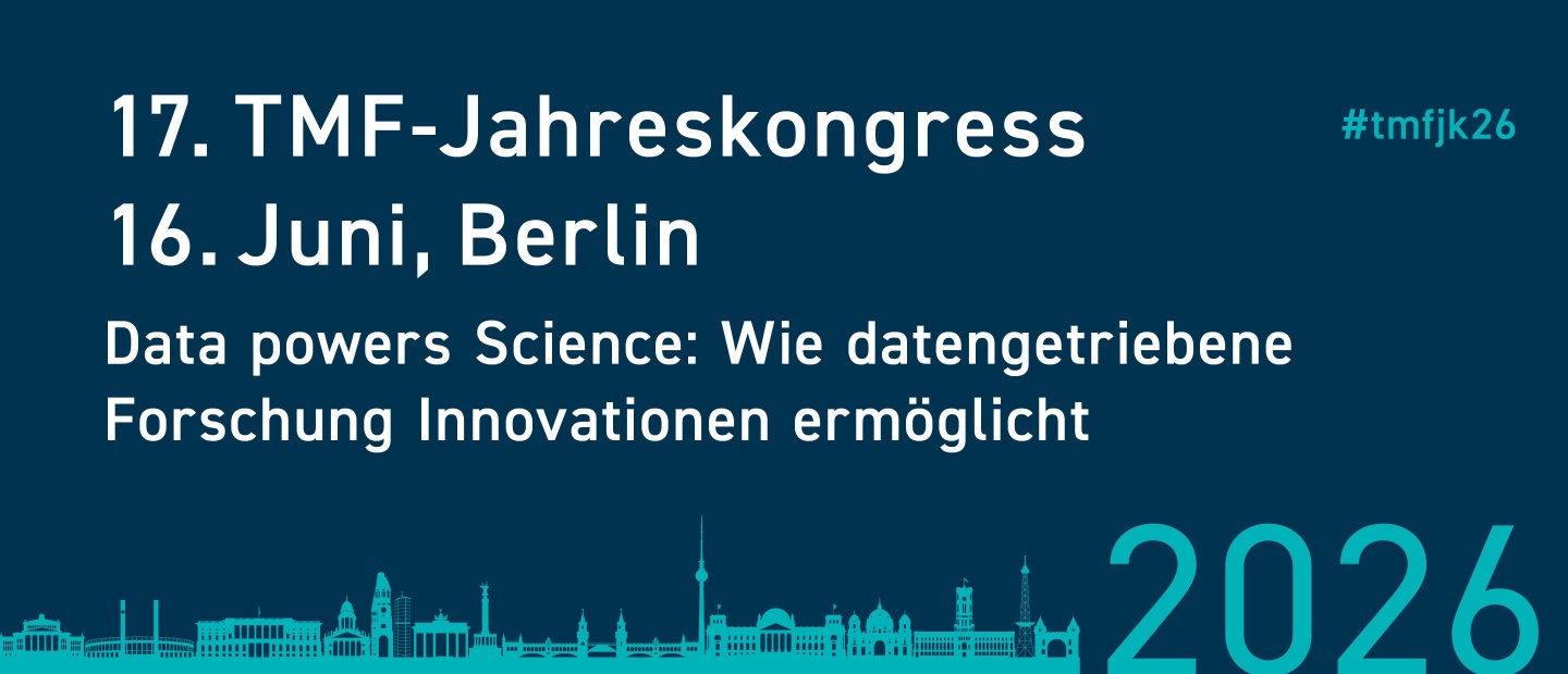 Banner für den 17. TMF-Jahreskongress am 16. Juni 2026 in Berlin. Motto: Data powers Science: Wie datengetriebene Forschung Innovationen ermöglicht. Hashtag: #tmfjk26. Unten die stilisierte Berliner Skyline auf dunkelblauem Hintergrund.