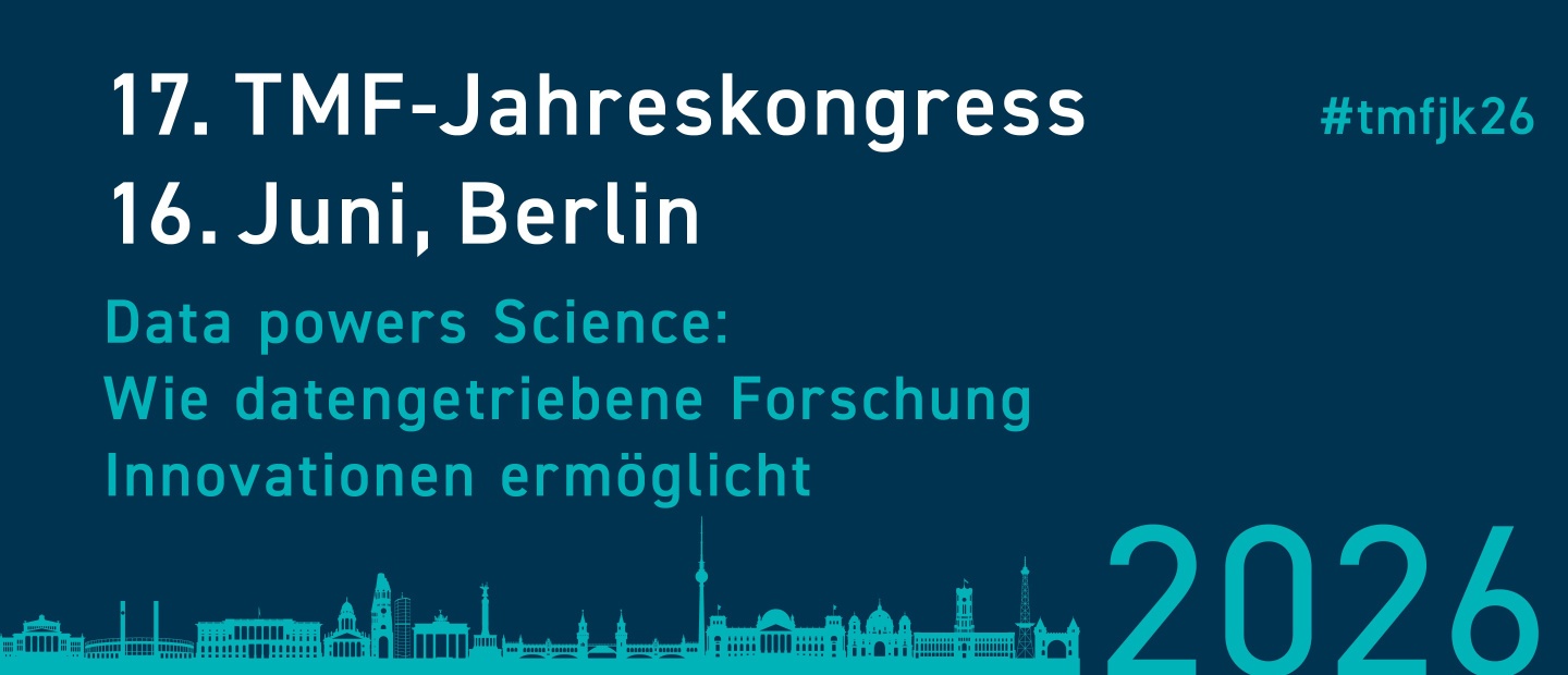 Banner für den 17. TMF-Jahreskongress am 16. Juni 2026 in Berlin. Motto: Data powers Science: Wie datengetriebene Forschung Innovationen ermöglicht. Hashtag: #tmfjk26. Unten die stilisierte Berliner Skyline auf dunkelblauem Hintergrund.