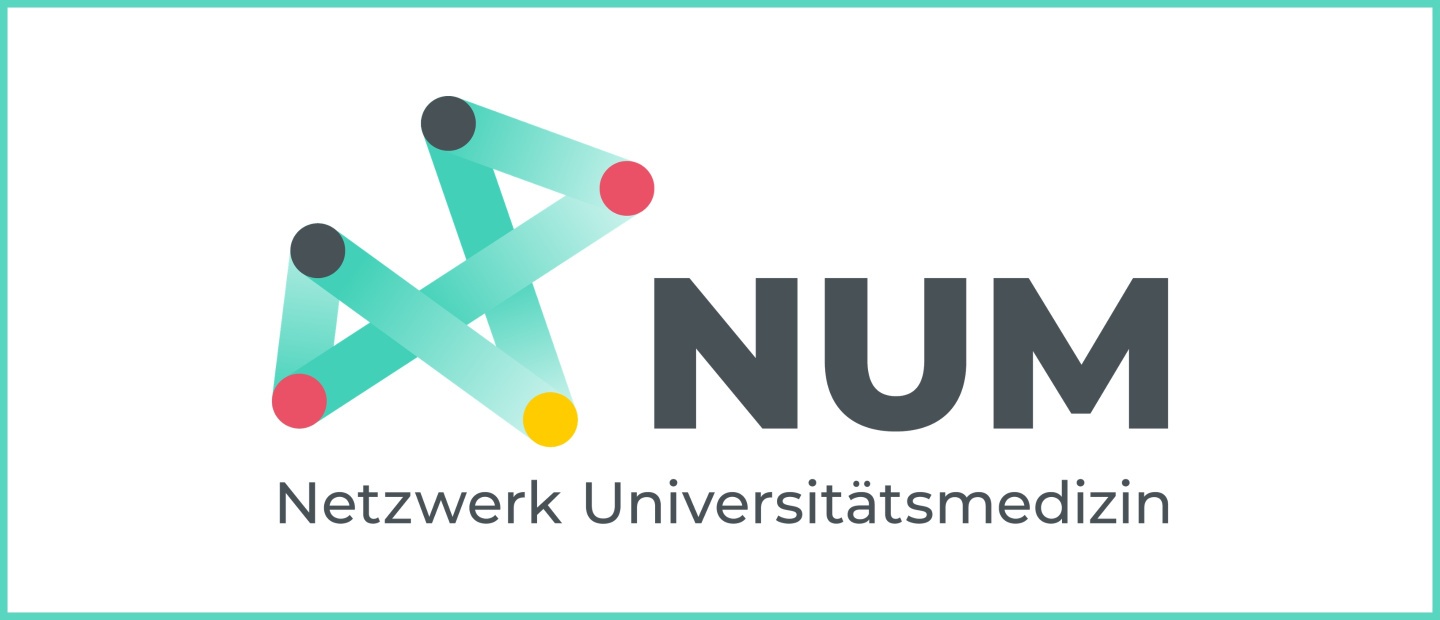 Logo des Netzwerks Universitätsmedizin (NUM). Links ein stilisiertes, aus türkisfarbenen verbundenen Linien und farbigen Knotenpunkten gebildetes Symbol, rechts die dunkelgrauen Großbuchstaben „NUM“. Unterhalb steht der Schriftzug „Netzwerk Universitätsmedizin“.