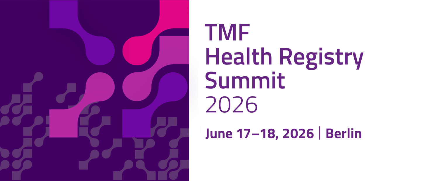 Graphic banner for the event “TMF Health Registry Summit 2026.” On the right, the text reads “TMF Health Registry Summit 2026 – June 17–18, 2026 | Berlin” in purple on a light background. On the left, abstract interlocking shapes in shades of purple and pink form a dynamic pattern on a dark purple background.