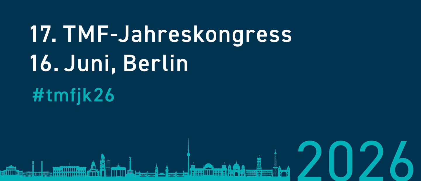 17. TMF-Jahreskongress Banner für den 17. TMF-Jahreskongress am 16. Juni 2026 in Berlin. Hashtag: #tmfjk26. Unten die stilisierte Berliner Skyline auf dunkelblauem Hintergrund