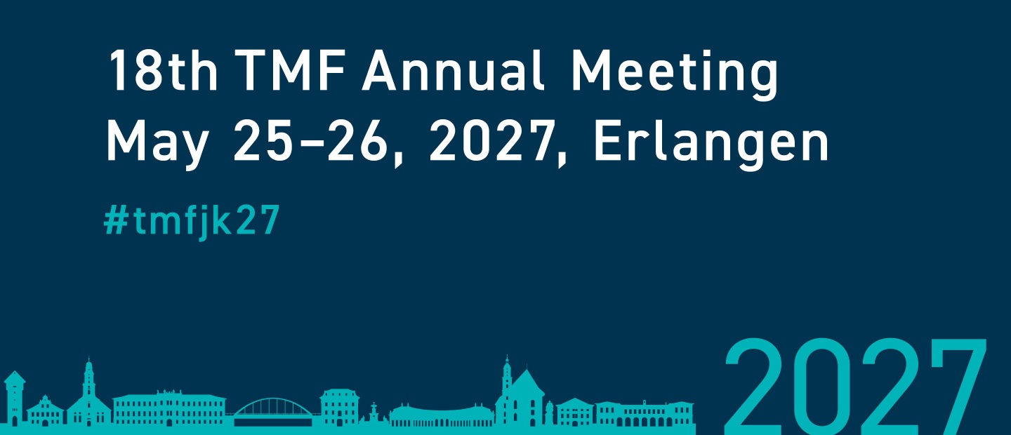 Banner for the 18th TMF Annual Meeting on May 25–26, 2027, in Erlangen. Hashtag: #tmfjk27. The stylized skyline of Erlangen is featured at the bottom against a dark blue background.
