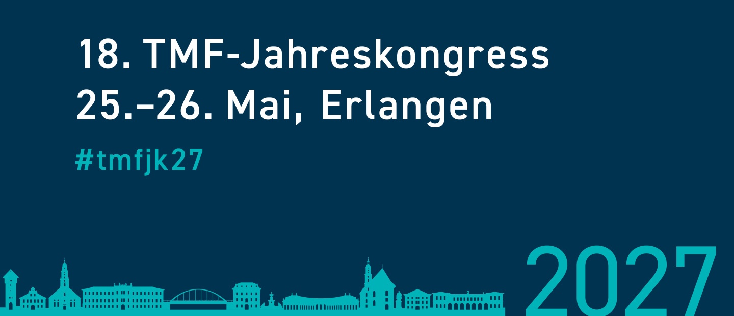 Banner für den 18. TMF-Jahreskongress am 25. und 26. Mai 2027 in Erlangen. Hashtag: #tmfjk27. Unten befindet sich die stilisierte Skyline von Erlangen auf dunkelblauem Hintergrund.