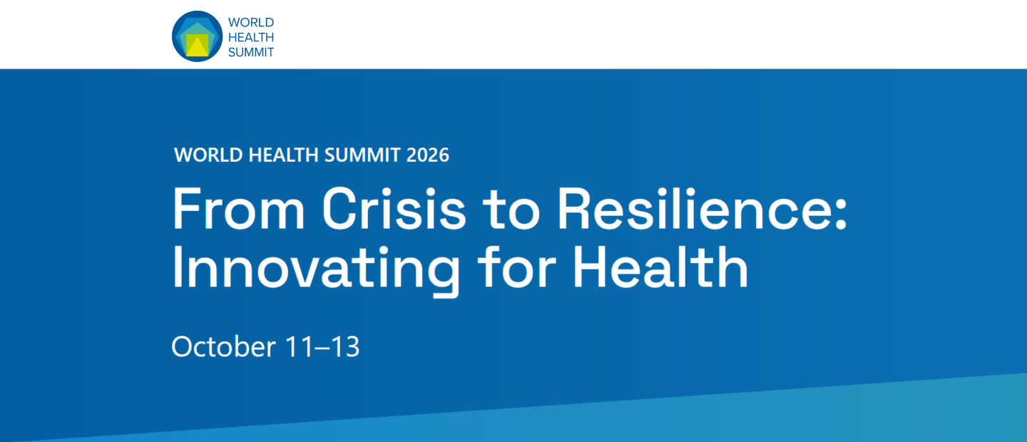 Banner zum World Health Summit 2026 mit blauem Hintergrund. Oben links das Logo des World Health Summit. In der Mitte großer weißer Text: „From Crisis to Resilience: Innovating for Health“. Darunter das Datum „October 11–13“.