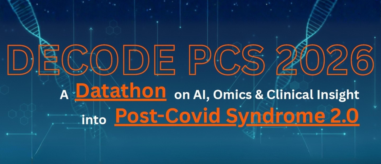 Banner mit dem Titel „DECODE PCS 2026 – A Datathon on AI, Omics & Clinical Insight into Post-Covid Syndrome 2.0“. Der Hintergrund zeigt stilisierte DNA-Doppelhelices und digitale Netzwerk-Elemente in Blau. Der Titel ist in großen orangefarbenen und weißen Buchstaben hervorgehoben.
