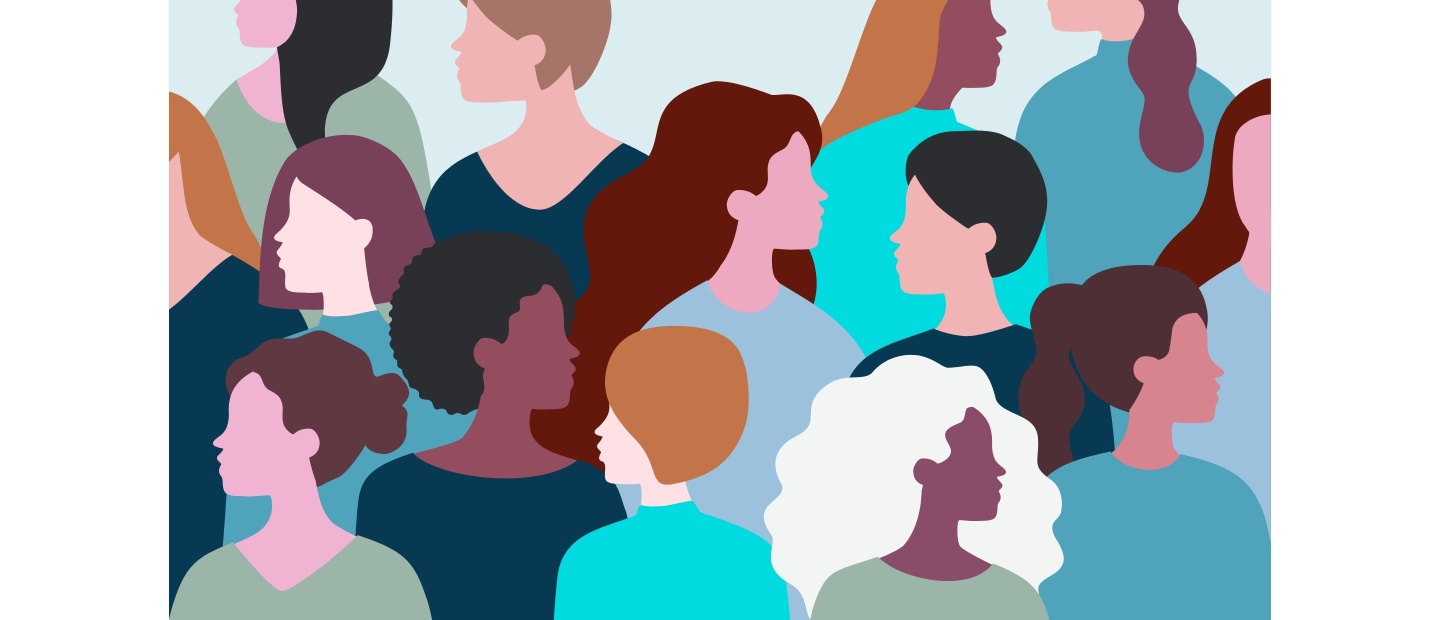 Stilisierte Illustration mehrerer Frauen mit verschiedenen Frisuren vor hellem Hintergrund. Die Frauen sind als Porträts und Seitenprofile dargestellt.