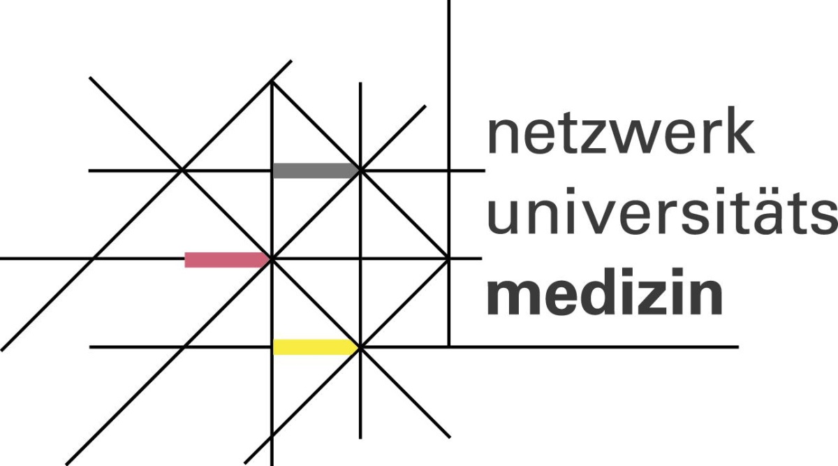 Das Logo des Netzwerks Universitätsmedizin, das ein Netz aus diversen Strichen zeigt, in dem drei die Farben der Deutschlandflagge haben. Rechts steht in Kleinbuchstaben der Text "Netzwerk Universitätsmedizin"