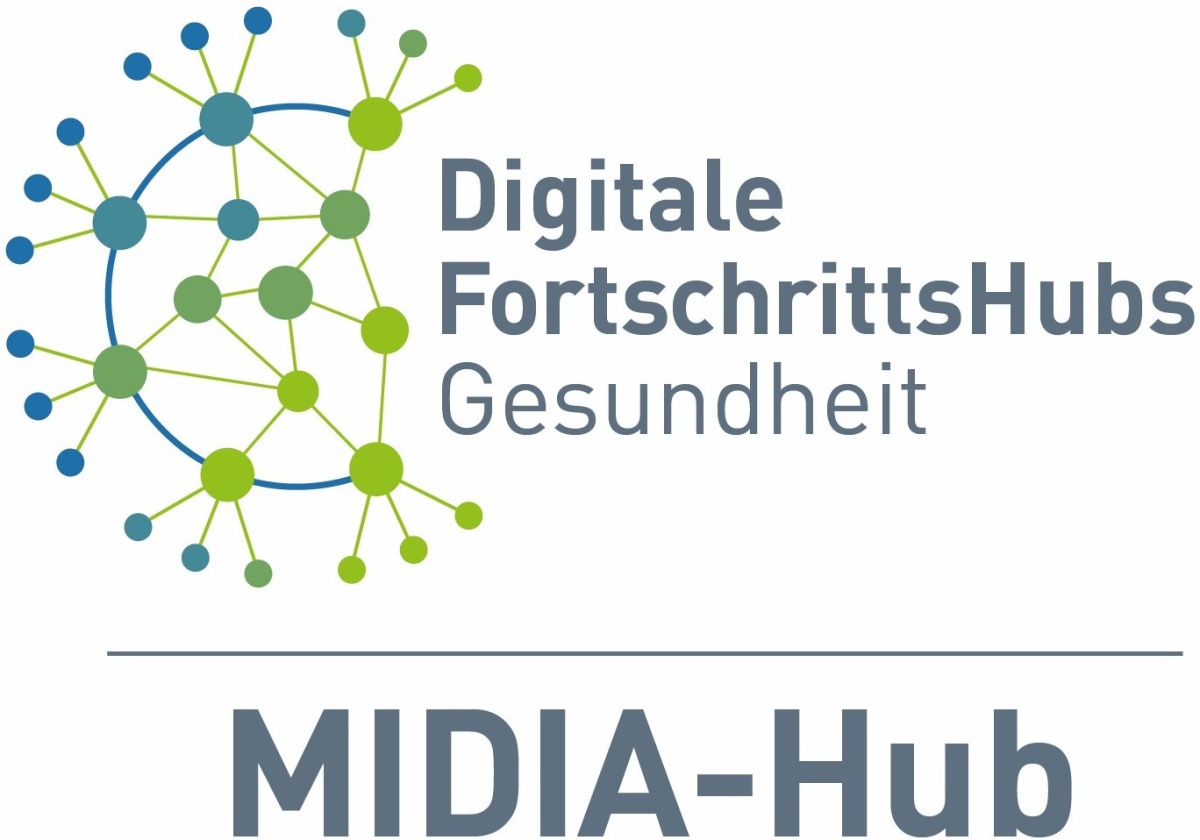 Logo des Digitalen FortschrittsHubs Gesundheit: vernetztes Punkt-Linien-Symbol in Blau und Grün neben dem Schriftzug ‚Digitale FortschrittsHubs Gesundheit‘ und ‚MIDIA-Hub‘.
