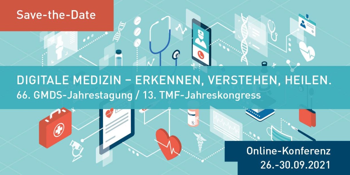66. GMDS-Jahrestagung / 13. TMF-Jahreskongress Das Save-the-Date-Banner für die 66. GMDS-Jahrestagung und den 13. TMF-Jahreskongress mit verschiedenen Medizinmotiven im Hintergrund