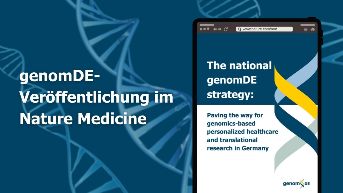 genomDE-Veröffentlichung im Nature Medicine Illustration mit DNA-Doppelhelix im Hintergrund. Links steht der Text: „genomDE-Veröffentlichung im Nature Medicine“. Rechts ist ein Smartphone abgebildet, das eine Webseite mit dem Titel zeigt: „The national genomDE strategy: Paving the way for genomics-based personalized healthcare and translational research in Germany“. Unten rechts befindet sich das genomDE-Logo.