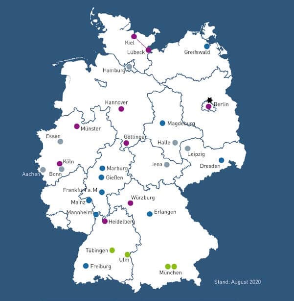 Standorte der Datenintegrationszentren Die Standorte der Datenintegrationszentren auf einer Deutschlandkarte im August 2020