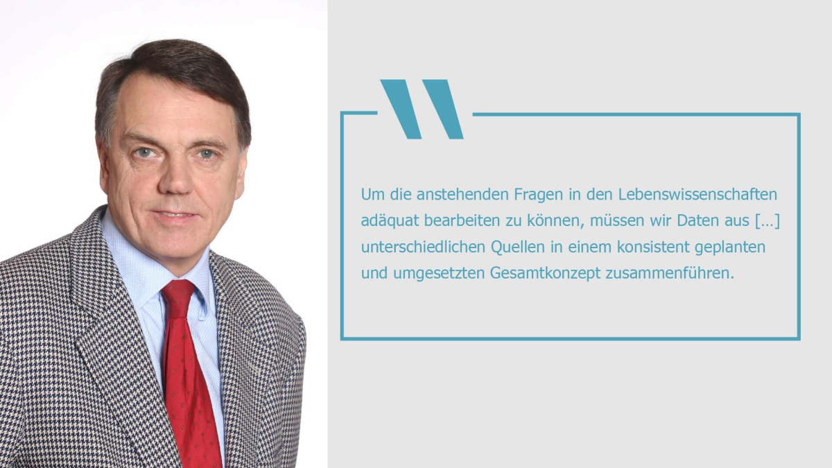 Prof. Dr. Christian Ohmann und das Zitat: "Um die anstehenden Fragen in den Lebenswissenschaften adäquat bearbeiten zu können, müssen wir Daten aus […] unterschiedlichen Quellen in einem konsistent geplanten und umgesetzten Gesamtkonzept zusammenführen."