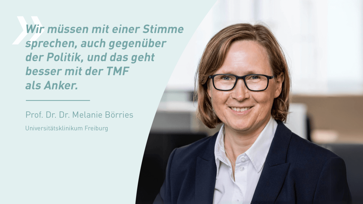 Prof. Dr. Dr. Melanie Börries Eine Frau mit kinnlangen braunen Haaren und einer schwarzen Brille lächelt in die Kamera. Sie trägt einen scharzen Blazer und ein weißes Hemd. Links neben ihrem Foto steht der Name Prof. Dr. Dr. Melanie Börries und das Zitat: "Wir müssen mit einer Stimme sprechen, auch gegenüber der Politik, und das geht besser mit der TMF als Anker."
