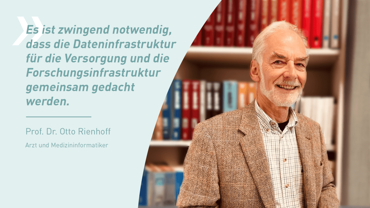Prof. Dr. Otto Rienhoff, ein älterer Mann mit weißem Haar und Bart, steht lächelnd vor einem Bücherregal. Links im Bild ist ein Zitat eingeblendet: „Es ist zwingend notwendig, dass die Dateninfrastruktur für die Versorgung und die Forschungsinfrastruktur gemeinsam gedacht werden.“ Darunter steht sein Name und Titel: „Prof. Dr. Otto Rienhoff, Arzt und Medizininformatiker“.