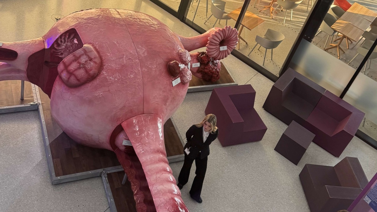 Blick von oben auf ein großes Modell einer menschlichen Gebärmutter in einer Ausstellungshalle. Neben der Installation steht eine Frau in dunkler Kleidung. Um das Modell herum sind geometrische Sitzmöbel platziert; durch Glasfronten sind Tische und Stühle eines angrenzenden Raums zu sehen.