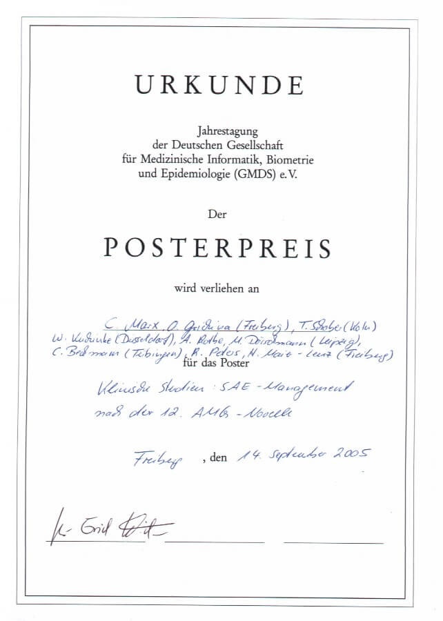Urkunde für den Posterpreis Urkunde für den Posterpreis