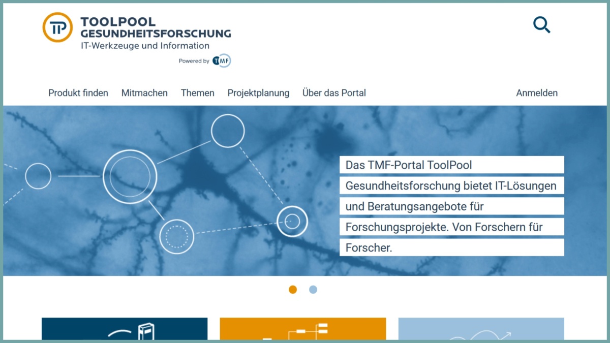 ToolPool Gesundheitsforschung Startseite des Portals „ToolPool Gesundheitsforschung“ mit Navigation, Logo und Text: „Das TMF-Portal bietet IT-Lösungen und Beratung für Forschungsprojekte.“