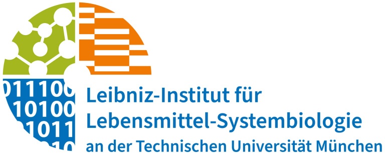 Logo des Leibniz-Instituts für Lebensmittel-Systembiologie an der Technischen Universität München: stilisierte, halbierte Kreisgrafik mit drei Segmenten – links grüne Molekülstruktur, rechts orange abstrahierte Linien, unten blaues Feld mit Binärzahlen – daneben blauer Schriftzug des Institutsnamens.