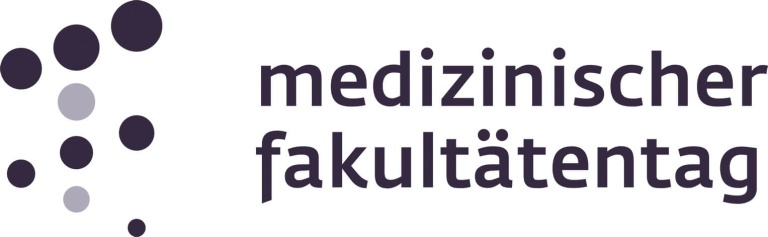 Das Logo des Medizinischen Fakultätentags, das links ein Symbol aus dunklen und hellen Kugeln zeigt und rechts in Kleinbuchstaben den Text "Medizinischer Fakultätentag"
