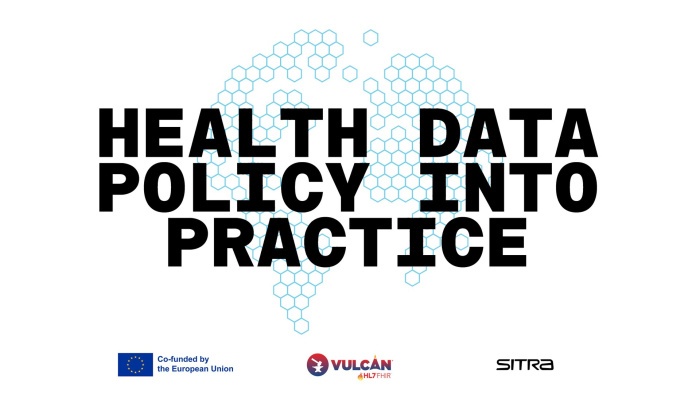Der Text Health Data Policy into Practice vor einer Weltkarte, die sich aus einem Bienenwaben-Muster zusammensetzt