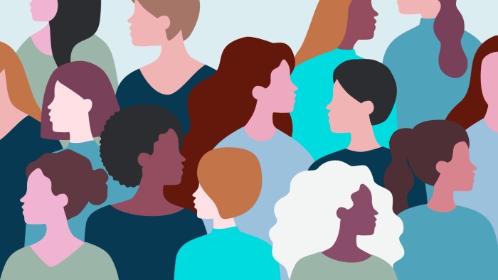 Stilisierte Illustration mehrerer Frauen mit verschiedenen Frisuren vor hellem Hintergrund. Die Frauen sind als Porträts und Seitenprofile dargestellt.