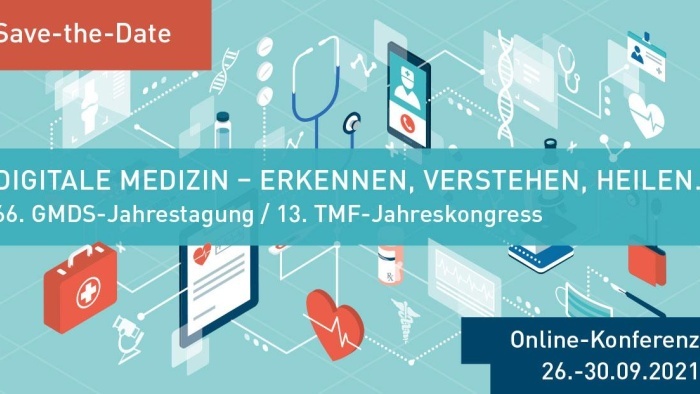 Das Save-the-Date-Banner für die 66. GMDS-Jahrestagung und den 13. TMF-Jahreskongress mit verschiedenen Medizinmotiven im Hintergrund
