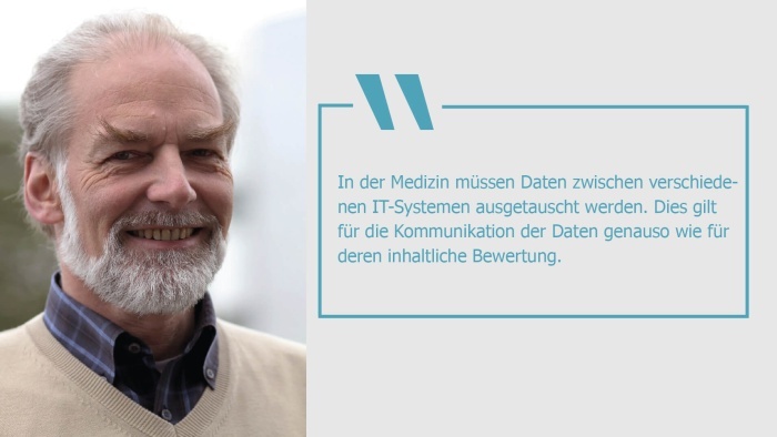 Ein Bild von Prof. Dr. Otto Rienhoff mit dem Zitat: "In der Medizin müssen Daten zwischen verschiedenen IT-Systemen ausgetauscht werden. Dies gilt für die Kommunikation der Daten genauso wie für deren inhaltliche Bewertung."