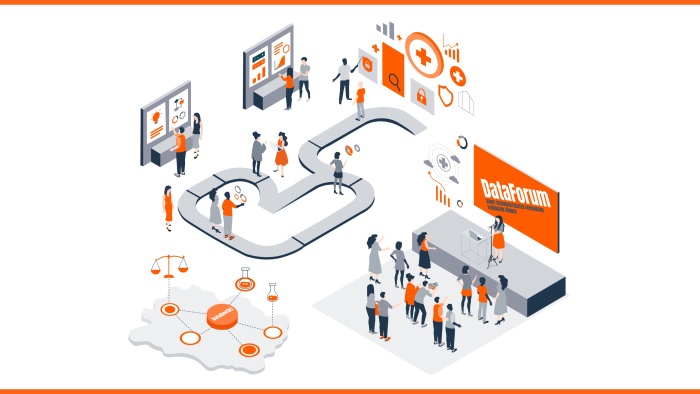 Das Bild zeigt eine isometrische Darstellung des DataForums mit einer Sprecherin auf der Bühne, Publikum, interaktiven Infotafeln und einer Karte mit dem DataDock-Netzwerk. Farben: Weiß, Grau, Orange.