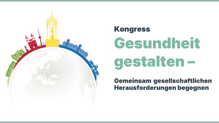 Grafik für den DEGAM-Kongress 2026 mit dem Motto „Gesundheit gestalten – Gemeinsam gesellschaftlichen Herausforderungen begegnen“. Links ist eine stilisierte Erdkugel mit bunten Silhouetten von Gebäuden und Wahrzeichen in Grün, Rot, Gelb und Blau dargestellt. Rechts steht der Text.