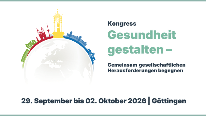 Grafik für den DEGAM-Kongress  2026 mit dem Motto „Gesundheit gestalten – Gemeinsam gesellschaftlichen Herausforderungen begegnen“. Links ist eine stilisierte Erdkugel mit bunten Silhouetten von Gebäuden und Wahrzeichen in Grün, Rot, Gelb und Blau dargestellt. Rechts steht der Text. Unten sind Datum und Ort angegeben: 29. September bis 2. Oktober 2026 in Göttingen.