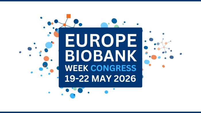 Grafik zum „Europe Biobank Week Congress“ mit blauem Rechteck in der Mitte und weißer Schrift: „EUROPE BIOBANK WEEK CONGRESS, 19–22 MAY 2026“. Umgeben von abstrakten, bunten Kreisen und vernetzten Punkten auf hellem Hintergrund.