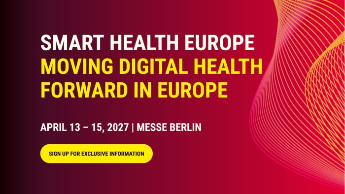 Banner für „Smart Health Europe“ mit dem Slogan „Moving Digital Health Forward in Europe“. Veranstaltung vom 13.–15. April 2027 in der Messe Berlin. Roter bis bordeauxfarbener Hintergrund mit gelben und weißen Schriftzügen sowie abstrakten, geschwungenen Linien in Gelb und Orange auf der rechten Seite. Gelber Button mit der Aufschrift „Sign up for exclusive information“.