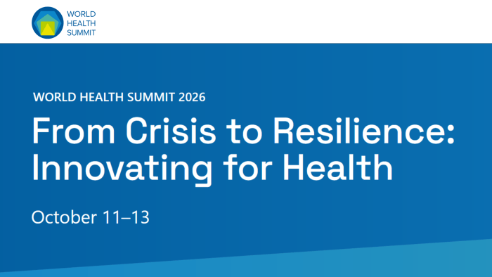 Banner zum World Health Summit 2026 mit blauem Hintergrund. Oben links das Logo des World Health Summit. In der Mitte großer weißer Text: „From Crisis to Resilience: Innovating for Health“. Darunter das Datum „October 11–13“.