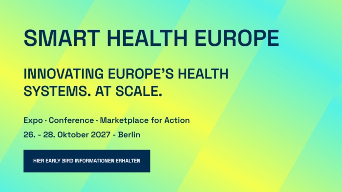 Banner für „Smart Health Europe“ mit dem Slogan „Innovating Europe’s Health Systems. At Scale.“, Veranstaltungsdaten 26.–28. Oktober 2027 in Berlin und einem Early-Bird-Button auf grün-blauem Hintergrund.