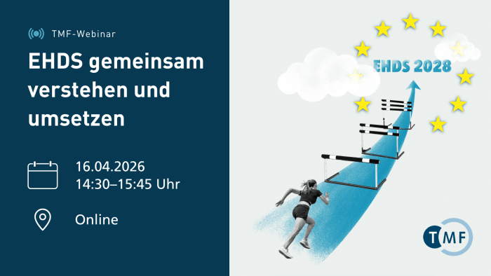 Grafik zu einem TMF-Webinar mit dem Titel „EHDS gemeinsam verstehen und umsetzen“. Links stehen die Veranstaltungsdetails: 16.04.2026, 14:30–15:45 Uhr, online. Rechts ist eine stilisierte Darstellung einer laufenden Person auf einem aufsteigenden blauen Pfeil mit Hürden zu sehen, der in Richtung „EHDS 2028“ führt. Um das Ziel herum sind gelbe Sterne in Anlehnung an die EU-Flagge angeordnet. Unten rechts ist das TMF-Logo platziert.