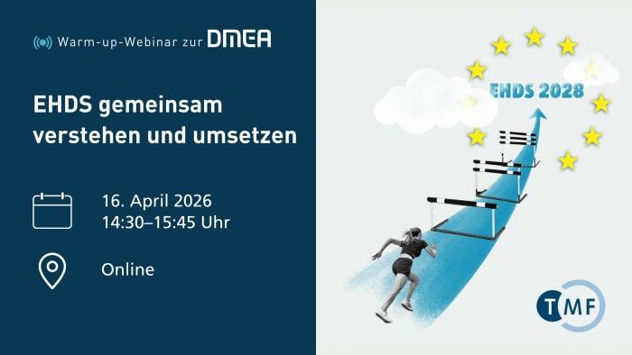Grafik zu einem TMF-Webinar mit dem Titel „EHDS gemeinsam verstehen und umsetzen“. Links stehen die Veranstaltungsdetails: 16.04.2026, 14:30–15:45 Uhr, online. Rechts ist eine stilisierte Darstellung einer laufenden Person auf einem aufsteigenden blauen Pfeil mit Hürden zu sehen, der in Richtung „EHDS 2028“ führt. Um das Ziel herum sind gelbe Sterne in Anlehnung an die EU-Flagge angeordnet. Unten rechts ist das TMF-Logo platziert.