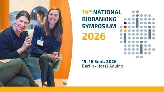 Banner for the 14th National Biobanking Symposium 2026. On the left, two people are seated on a panel discussion stage, with one person speaking into a handheld microphone. On the right, the event information, "14th National Biobanking Symposium 2026," "15-16 September 2026," and "Berlin · Hotel Aquino," is displayed alongside a stylized map of Germany composed of gray dots and colored accents.