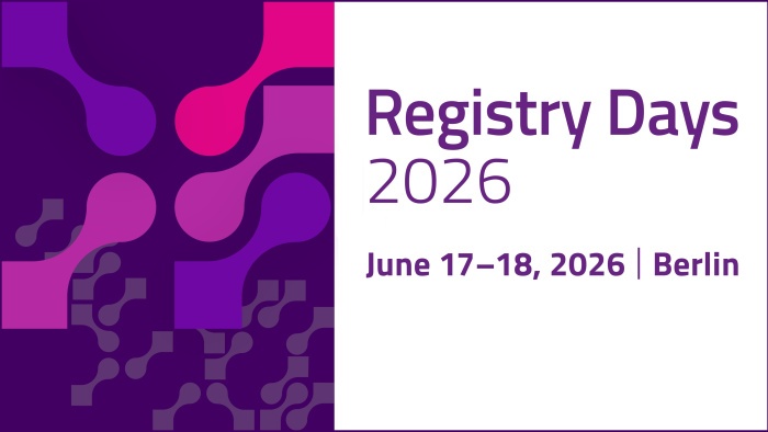 Graphic banner for the event “Registry Days 2026.” On the right, the text reads “Registry Days 2026 – June 17–18, 2026 | Berlin” in purple on a light background. On the left, abstract interlocking shapes in shades of purple and pink form a dynamic pattern on a dark purple background.