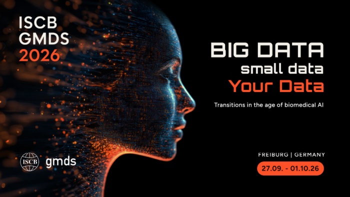 Promotional graphic for the joint ISCB GMDS 2026 conference. On the left is a digitally stylized profile of a human face, composed of blue and orange data points and light trails. On the right is the slogan: ‘BIG DATA, small data, Your Data – Transitions in the age of biomedical AI.’ Below: Location Freiburg, Germany, Date: 27.09 – 01.10.2026. ISCB and GMDS logos are at the bottom left.