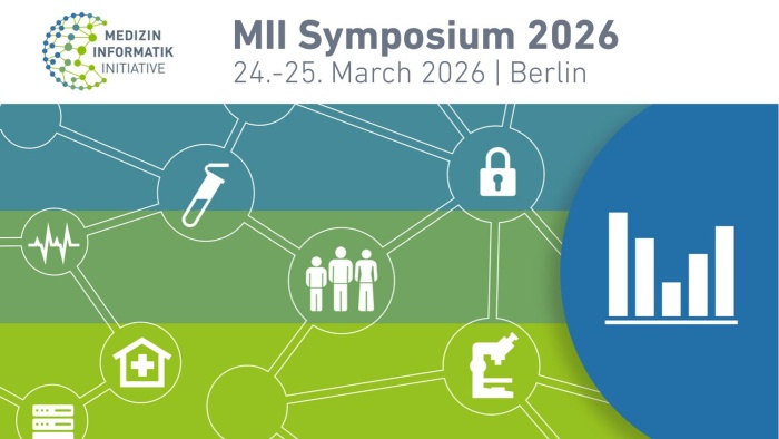 To the left of a bar chart, several icons such as a test tube and a microscope are connected in a network. At the top, the logo of the Medical Informatics Initiative and the text "MII Symposium 2026" are visible. The event will take place on March 24–25, 2026 in Berlin.
