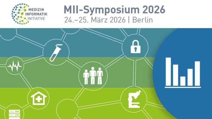 Links neben einem Balkendiagramm sind mehrere Symbole wie ein Reagenzglas und ein Mikroskop in einem Netz verbunden. Oben ist das Logo der Medizininformatik-Initiative und der Text "MII-Symposium 2026" zu sehen.